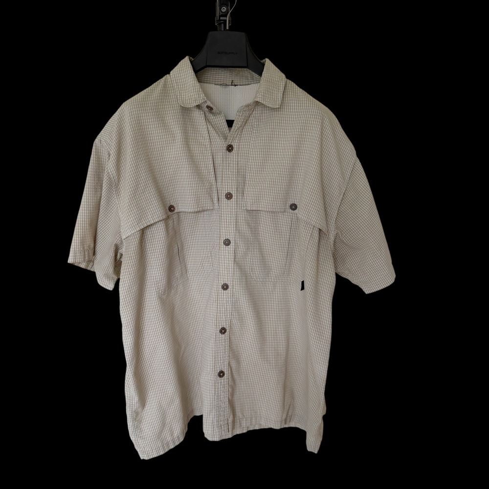 90's Patagonia 82000 Fishing Tan Micro Check Plaid Short Sleeve Vented Shirt XL